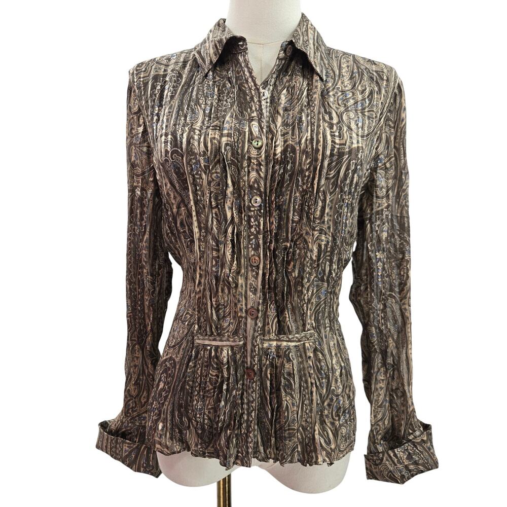 Jones NY Womens Vtg Y2K Earthy Indie Boho 100% Silk Paisley Button Up Blouse 14P